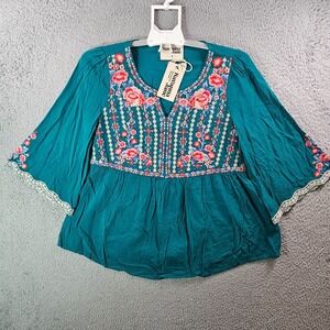 NEW‎ Savanna Jane Top Blouse Women Small Floral Embroidered Green Boho